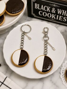 Black & White Cookie Keychain or Bag Clip | Handmade Polymer Clay Dessert Charm